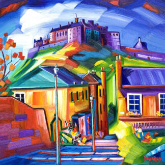 A vibrant, colorful painting featuring a castle on a hilltop above a stylized, bustling town scene with angular shapes and exaggerated colors. By Raymond Murray
